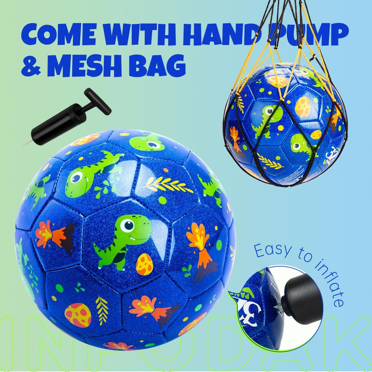 Toddler Soccer Ball Size 2 Cartoon Ball Baby Soccer Ball Dinosaur Soccer Ball for Kids with Pump, Mesh Net and Box (Glitter Blue, Size 2)