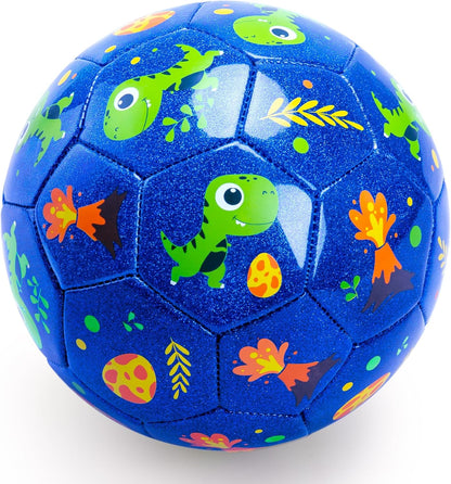 Toddler Soccer Ball Size 2 Cartoon Ball Baby Soccer Ball Dinosaur Soccer Ball for Kids with Pump, Mesh Net and Box (Glitter Blue, Size 2)